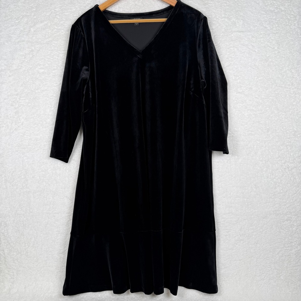 J. Jill Dress Womens XL Black Velvet Wearever V-Neck 3/4 Sleeve Flounce Hem